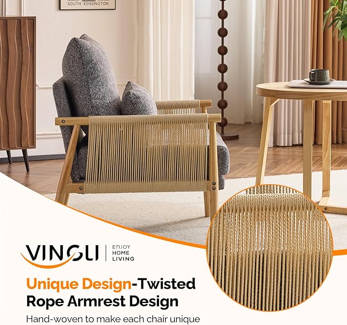VINGLI Boho Braid Accent Armchair,Mid-Century Modern Chiar with Solid Wooden Armrest,Comfy Louge Cushion Chair with Waist Pillow for Bedroom,Living Room,Reading Room, Gray-Ruum Studio Home