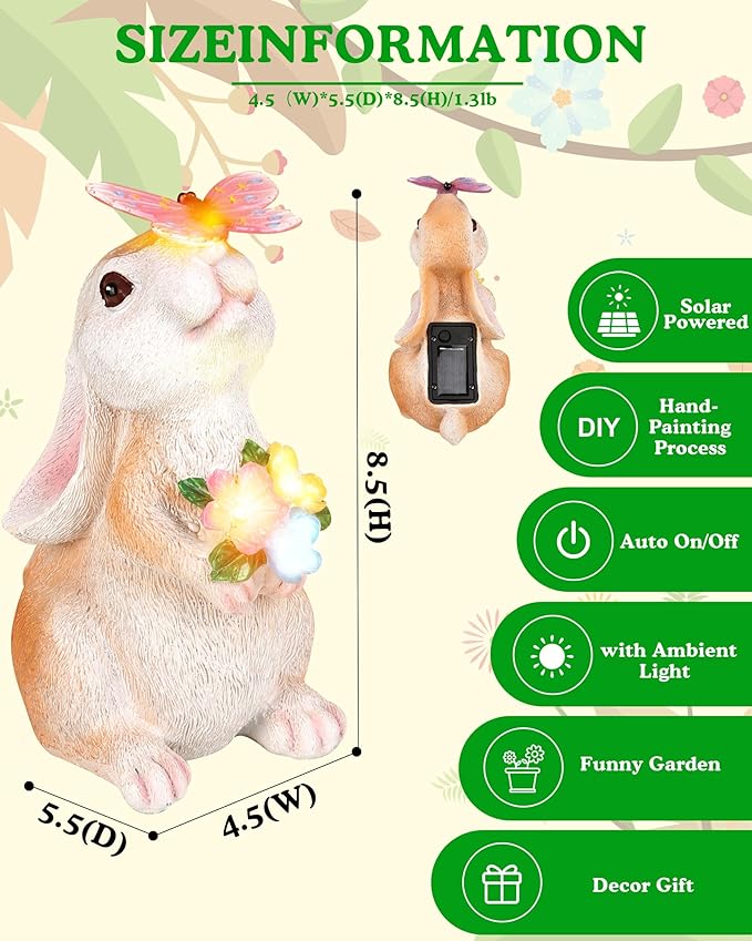 Vermeyen Solar Garden Statues Outdoor Decor-Yard Decorations for Patio,Balcony,Backyard,Lawn Ornaments-Easter Bunny Figurines with LED Light-Unique Birthday Gardening Gifts for Women,Mom,Grandma-Ruum Studio Home