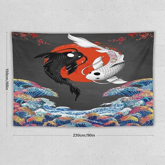 Houselerax Japanese Koi Fish Tapestries, Yin Yang Big Wave Cherry Blossom Tapestry Wall Hanging for Bedroom Living Room Office Decor 90"x60"-Ruum Studio Home