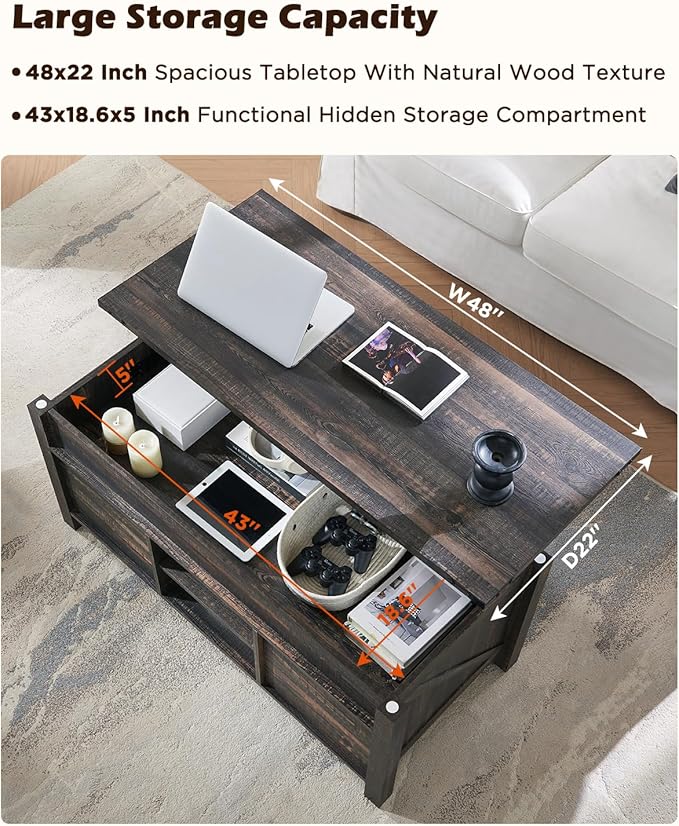 OKD 48" Farmhouse Lift Top Coffee Table with Sliding Barn Door,Rustic Center Table with Hidden Storage Compartment,Lifting Tabletop and Adjustable Shelf for Living Room,Office,Dark Rustic Oak-Ruum Studio Home