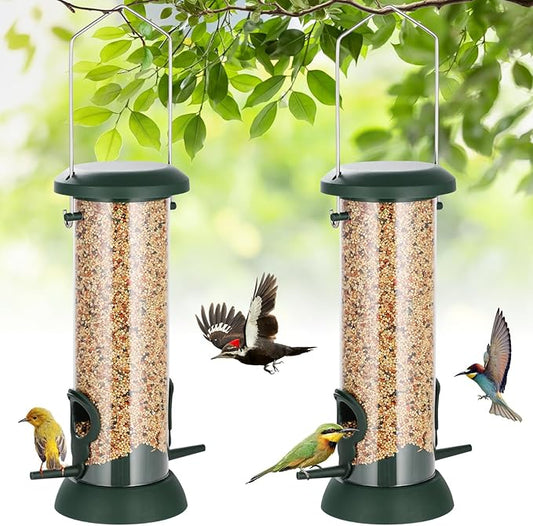 FEED GARDEN 2 Pack Tube Bird Feeders for Outdoors Hanging, Premium Hard Plastic Wild Bird Feeders with 2 Ports, Small Bird Feeder Easy-Refill&Clean, Gifts for Mom Woman, 8.5 Inch Green-Ruum Studio Home