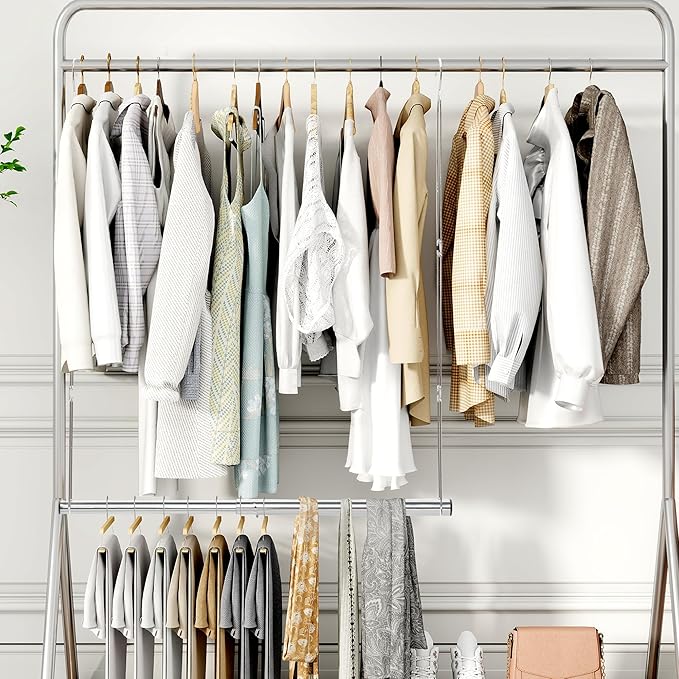 STORAGE MANIAC Hanging Closet Rod, Adjustable Width and Height Closet Hanging Organizer, Space-Saving Clothes Hanging Bar, Closet Extender Hanging Rod Double Closet Hanging Rod, 1 Pack Chrome-Ruum Studio Home