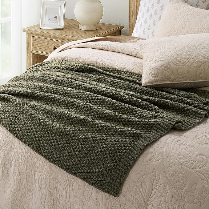 Chunky Chenille Knit Throw Blanket for Couch, Soft Luxurious Moss Stitch Blankets for Bed, Cozy Decorative Farmhouse Knitted Throws for Sofa, Olive Green, 60" x 80"-Ruum Studio Home