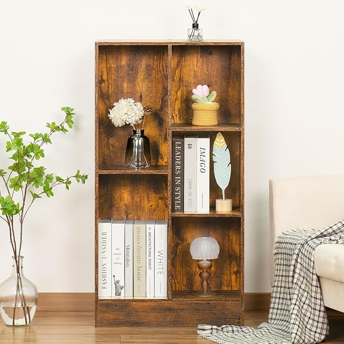 LEYAOYAO 5 Cube Mid-Century Modern Brown Wood Bookcase, 3 Tier Storage Organizer Shelf, Rustic Display Cabinet for Bedroom, Living Room, Office-Ruum Studio Home