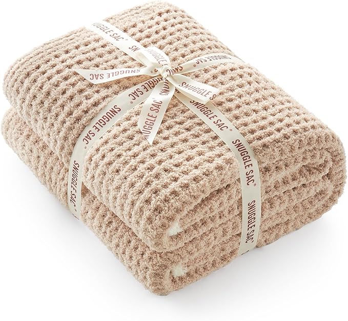 Snuggle Sac Waffle Throw Blanket for Couch Bed Sofa 50x60 inches, Reversible Beige Blanket Microfiber Fluffy Fuzzy Cozy Knit Soft Throws for Women Mothers Birthday Gifts-Ruum Studio Home