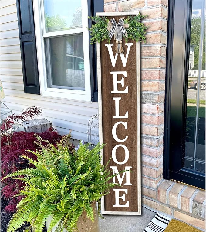 Surfapans Welcome Sign for Front porch Standing 45"X9"Large Wood Frame Outdoor Tall Welcome Signs Vertical Decor for Farmhouse Rustic Home Modern Outside Front Door Wall Decorations (White Wood)-Ruum Studio Home