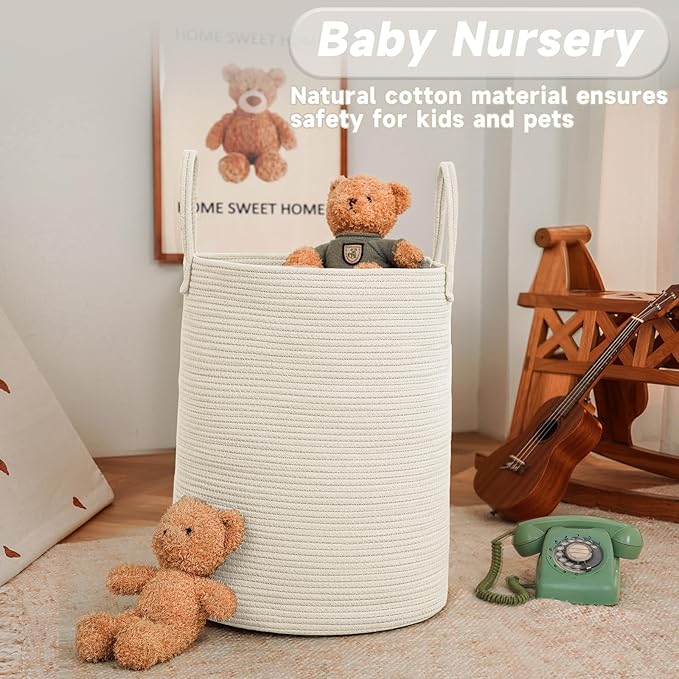 Large Woven Laundry Basket Hamper,100L Cotton Rope Storage Bin for Blankets,Toys and Clothes,Decorative Tall Nursery Hamper for Living Room,Baby Nursery,Bathroom and Bedroom,White-Ruum Studio Home