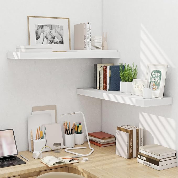 Floating Shelves Set of 2, 36 Inch Long Wooden Wall Shelves, 10 Inch Deep Wall Mounted Storage Shelf with Metal Brackets for Living Room, Bathroom, Bedroom and Kitchen, White-Ruum Studio Home