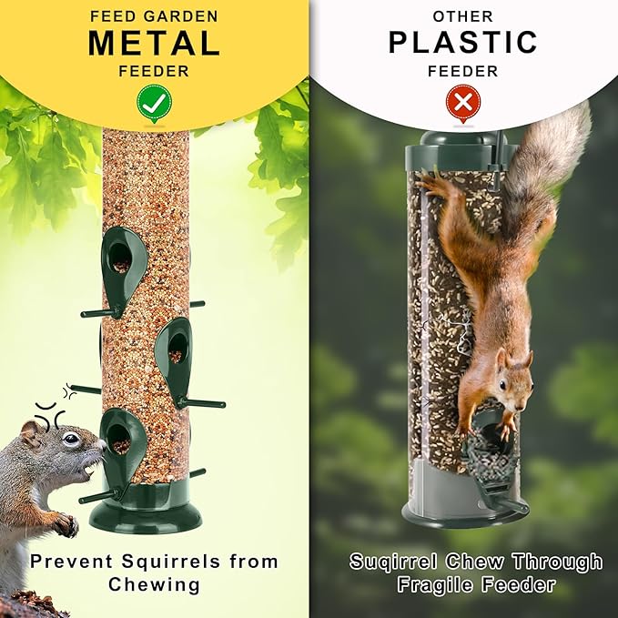FEED GARDEN Metal Tube Bird Feeders for Outdoors Hanging, 6-Port Bird Feeder for Outside, Finch Feeders for Outside, Squirrel Proof Bird Feeders with Heavy Duty Metal Lid, Chew-Proof, 13 Inch Green-Ruum Studio Home