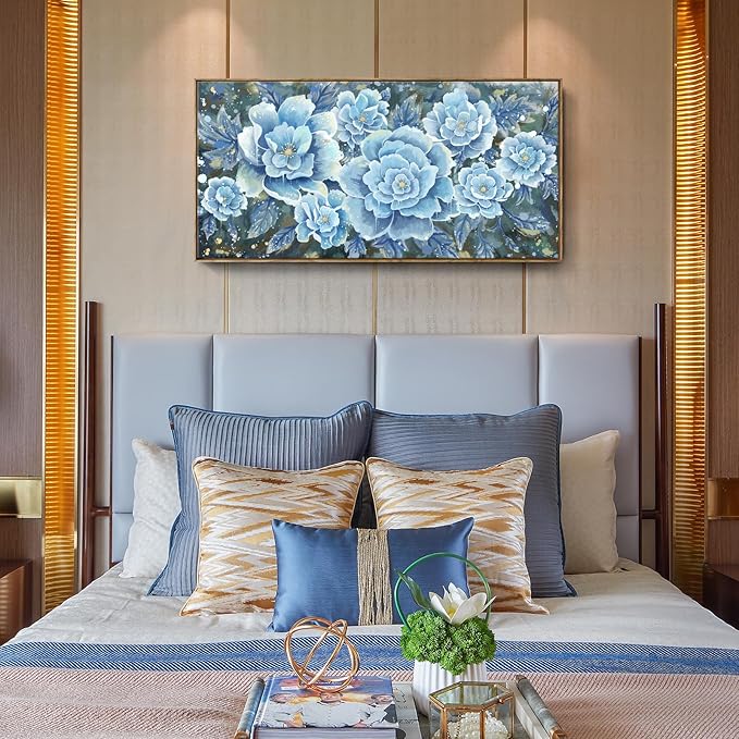 Large Blue Wall Art Decor Modern Framed Wall Picture for Living Room Bedroom Office Decor Floral Canvas Art Prints Botanical Wall Picture Abstract Peony Flower Horizontal Artwork Ready to Hang 48x24-Ruum Studio Home