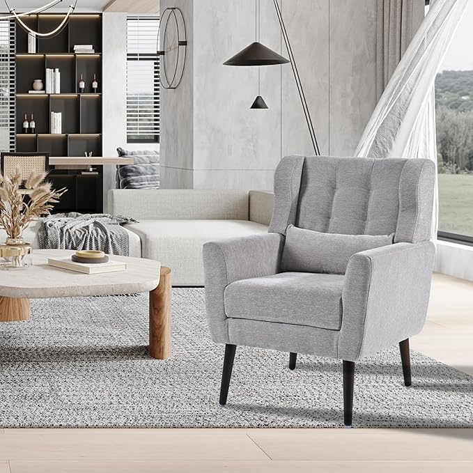 Accent Chair Set of 2, Upholstered Armchair with Pillow, Fabric Single Sofa Chair with Lounge Seat and Wood Legs Accent Chair for Living Room Small Spaces (Grey, Set of 2)-Ruum Studio Home