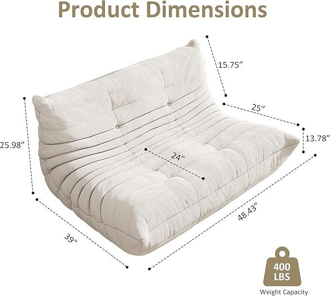 Bean Bag Chair, Oversized Loveseat Fireside Chair for Adults, 2 Seater with Memory Foam Filled, Lazy Sofa Lounge Floor Sofa for Living Room, Bedroom, Office, No Assembly Required. (Beige)-Ruum Studio Home