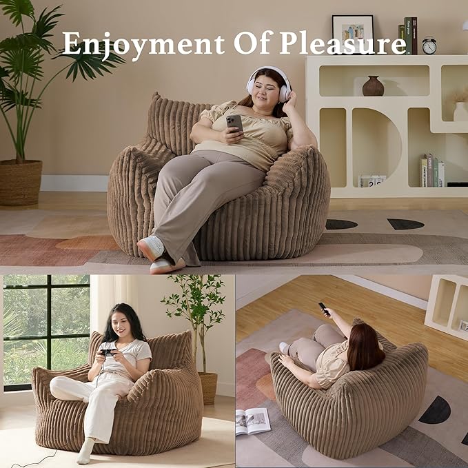 Giant Plush Bean Bag Chair for Adults with Armrests - Oversized Comfy Khaki Beanbag Lounge Lazy Floor Sofa Chair for Living Room, Bedroom & Dorm, Cozy Fluffy Single Cloud Mini Couch-Ruum Studio Home