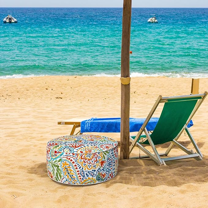 Inflatable Ottoman Stool D21 xH9 for Outdoor/Indoor Use, Water Repellent Patio Foot Rest Stool with Portable Handle,Round Pouf Ottoman Suitable for Garden,Deck and Camping - Paisley Multi-Ruum Studio Home