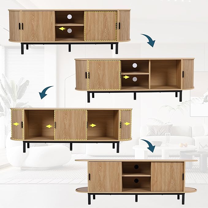 62" Tambour Door TV Stand,Wood Mid Century Modern TV Cabinet for Up to 75“ TV,Curved Edge Long TV Stand with Storage for Bedroom Living Room (Natural, 62.2inch)-Ruum Studio Home