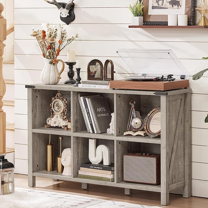 Farmhouse 6 Cube Bookshelf, Rustic Grey Oak Wooden Storage Organizer Book Shelf, 47 Inch Cubby Hallway Bookcase, Kids Toy Storage Cabinet, Modern Open Book Case for Living Room, Hallway-Ruum Studio Home