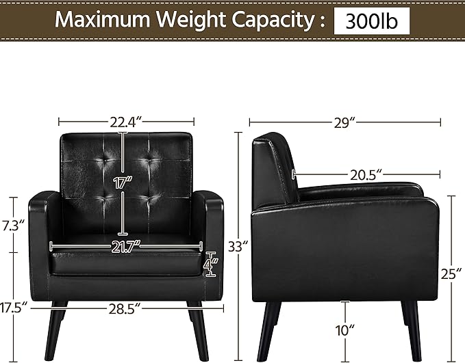 Yaheetech Mid-Century Accent Chairs, PU Leather Modern Upholstered Living Room Chair, Cozy Armchair Button Tufted Back and Wood Legs for Bedroom/Office/Cafe Black-Ruum Studio Home