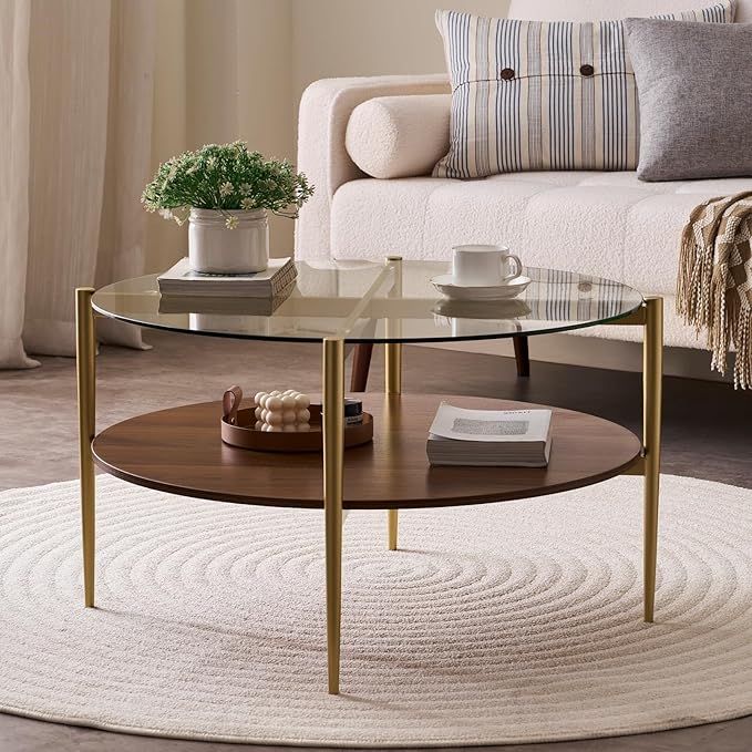 Round Coffee Table, Mid-Century Modern Design, D30“ x H17”, for Living Room, 2-Tier Structure, Clear Glass Top and Walnut MDF Shelf, Sleek Conical Metal Legs with Gold Finish-Ruum Studio Home