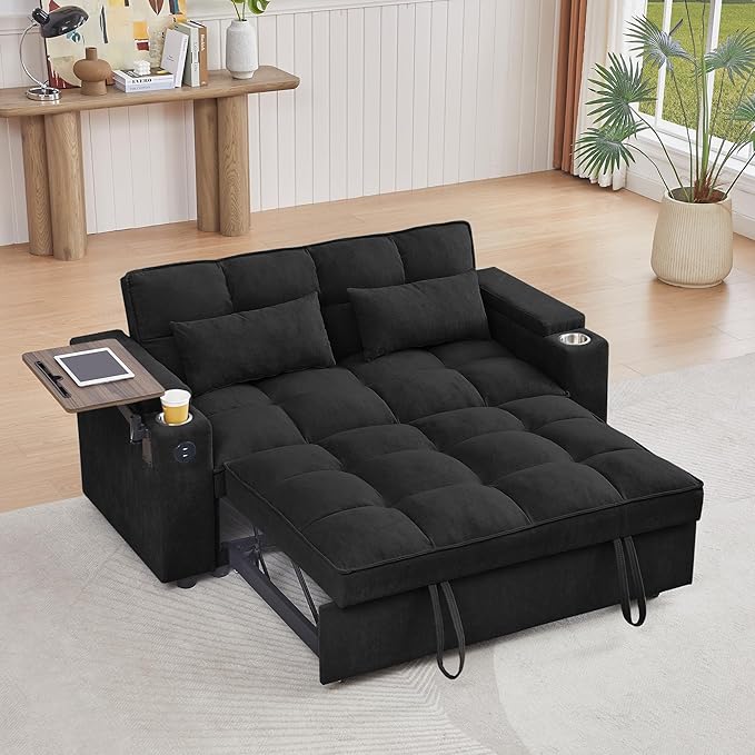65'' 3-in-1 Folding Convertible Sofa Bed, Pullout Sofa, Modern Chenille Fabric, 360° Swivel Side Table, Easy Assembly, Perfect for Living Room, Black-Ruum Studio Home