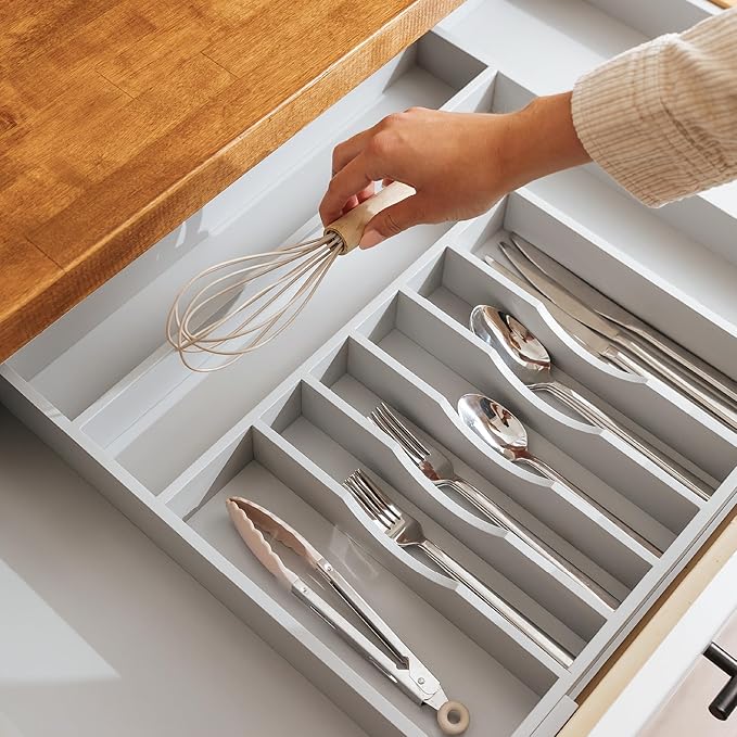 Premium Silverware, Flatware and Utensil Organizer for Kitchen Drawers, Food-Safe Contract Grade, Expandable from 18 to 33 In, Gray Bamboo-Ruum Studio Home