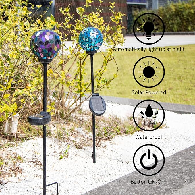 VCUTEKA Solar Garden Decorative Lights Outdoor, Mosaic Solar Light Waterproof LED Pathway Stake Light for Landscape Patio Yard Deck Walkway Decoration, 2 Pack （Blue&Purple）-Ruum Studio Home