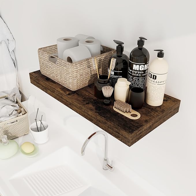 12 Inch Deep Floating Shelves, 24 x 12 Floating Shelf for Books, Rustic Wood Deep Wall Shelves for Home Storage & Display, 2" Thicked Shelves for Kitchen, Living Room, Bedroom, Rustic Brown, 2 Pack-Ruum Studio Home