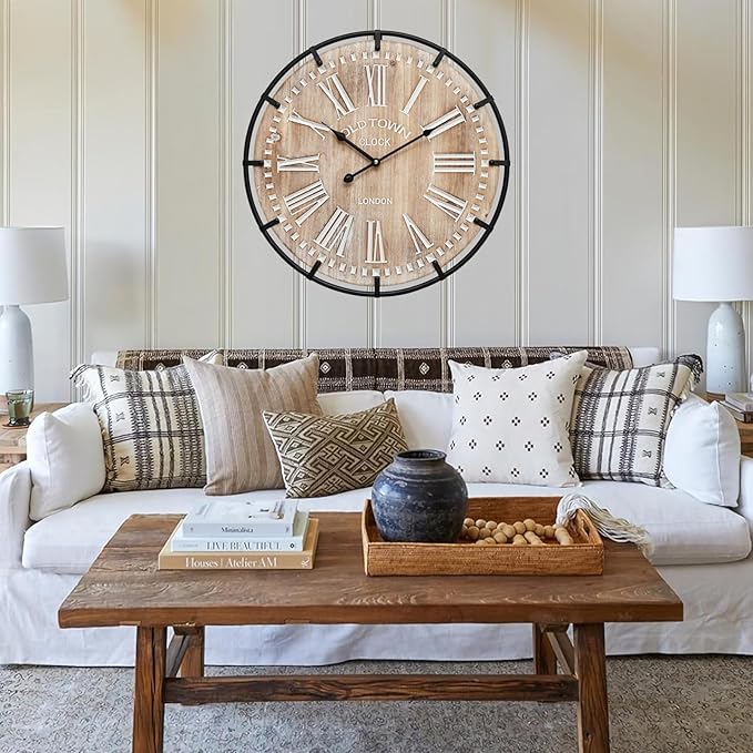 24 Inch Grand Farmhouse Wall Clock, Vintage-Inspired Wood & Metal Design with Large Etched Numbers, Silent Battery-Powered Timepiece for Offices, Kitchens, Bedrooms, and Living Rooms-Ruum Studio Home