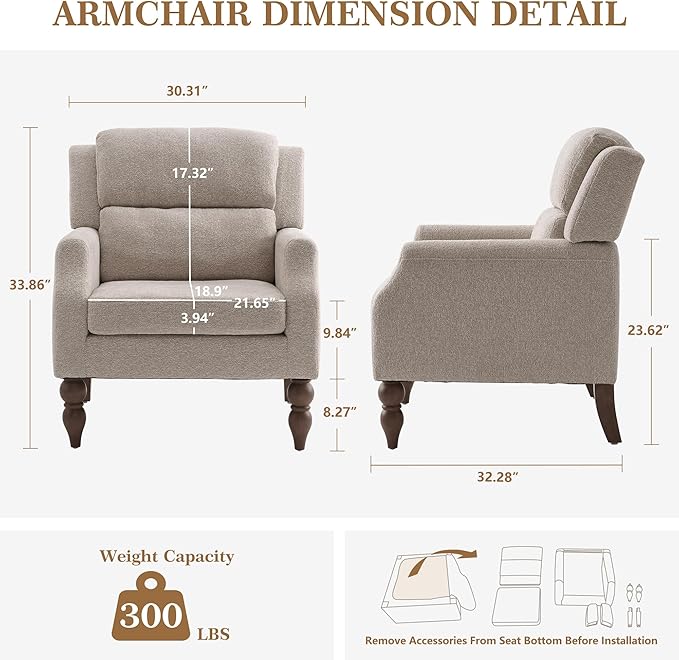 Kidol & Shellder Oatmeal Oversized Accent Chair for Living Room Set of 2 Modern Reading Chair with Back Wide Upholstered Comfy Single Sofa Chair Bedroom Lounge Side Corner Boucle Fabric Armchair-Ruum Studio Home