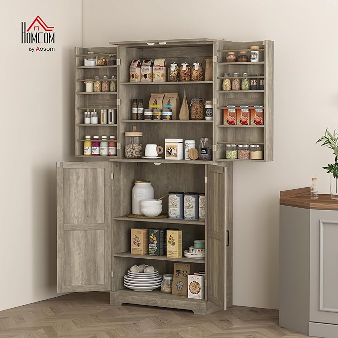 HOMCOM 72" Farmhouse Kitchen Pantry Cabinet, Freestanding Tall Storage Cabinet with 4 Barn Doors, 4 Adjustable Shelves and 8 Door Shelves, Gray Wash-Ruum Studio Home