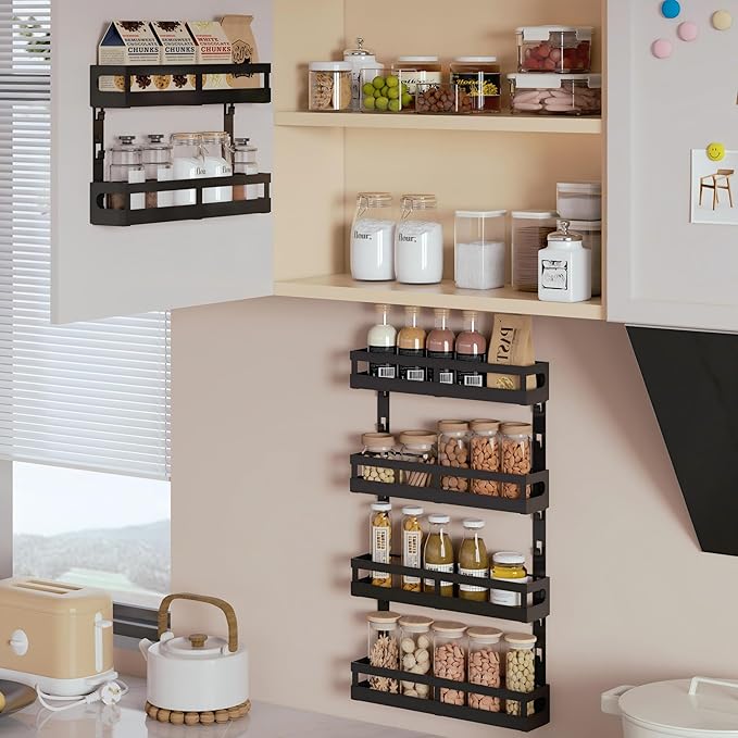 4-Tier Small Wall Mounted Spice Rack Organizer, Hanging Spice Shelf for Cabinet or Pantry, Height-Adjustable Seasoning Holder for Kitchen Storage, Black-Ruum Studio Home