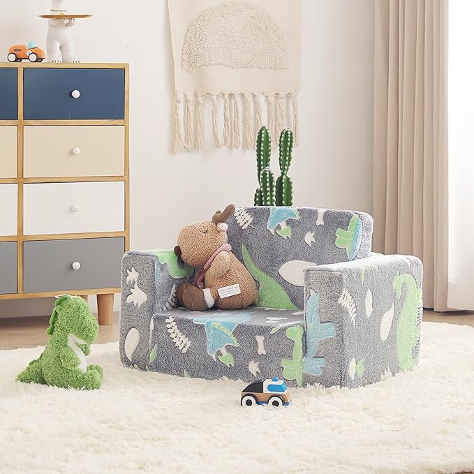 Toddler Chair Kids Couch, 2-in-1 Toddler Soft Sherpa Couch Fold Out Armchair with Removable Cover, Convertible Reading Chair Toddler Sofa for Kids, Glow in The Dark Plush Grey Dinosaur-Ruum Studio Home