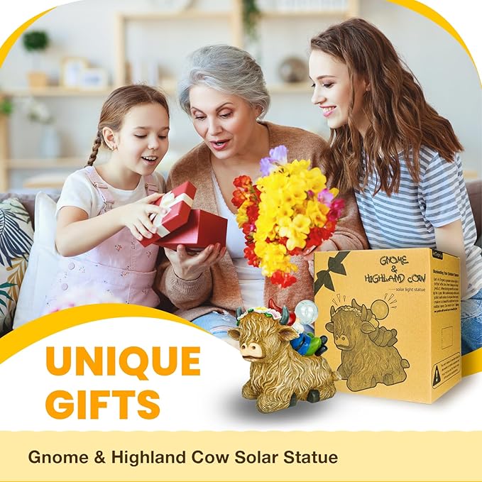 Solar Highland Cow Gnome Garden Decor Statue, Outdoor Funny Solar Light Decoration for Yard, Patio, Lawn, Unique Housewarming, Birthday Gift for Women, Mom, Grandma-Ruum Studio Home