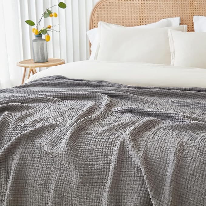 EMME Cotton Blanket Twin XL for Bed Soft Muslin Blankets 66"x90" Lightweight Breathable Layering Bedspread Coverlet All Season Gauze, Grey-Ruum Studio Home