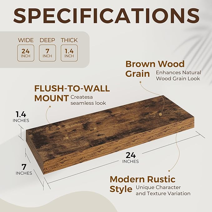 24 inch Floating Shelves Long Floating Shelves for Wall Large Wall Mounted Shelves with Invisible Brackets, Brown Shelves for Bathroom, Living Room, Kitchen, Office, 24x6.7 inch deep Set of 2-Ruum Studio Home