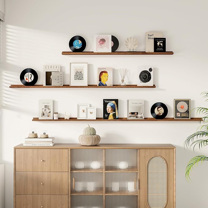 Floating Picture Ledge Shelves for Wall Set of 2, 95 Inches Picture Ledge Shelf with Long Large Nursery Book Shelf for Toys Storage Kids Bookshelf Wall Mounted Living Room Bedroom Decor Frames, Walnut-Ruum Studio Home