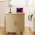 Farmhouse Round End Table with Charging Station, 24" Large Fluted Sofa Side Table with Sliding Tambour Door & Storage, Mid-Century Wood Nightstand for Living Room, Bedroom (Natural)-Ruum Studio Home
