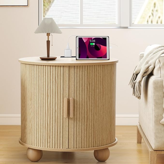Farmhouse Round End Table with Charging Station, 24" Large Fluted Sofa Side Table with Sliding Tambour Door & Storage, Mid-Century Wood Nightstand for Living Room, Bedroom (Natural)-Ruum Studio Home