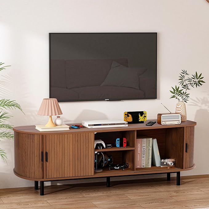 62" Tambour Door TV Stand,Wood Mid Century Modern TV Cabinet for Up to 70“ TV,Curved Edge Long TV Stand with Storage for Bedroom Living Room(Walnut, 62.2inch)-Ruum Studio Home