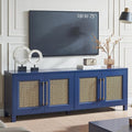 JYED Mid Century Modern TV Stand for TVs up to 75", 69.5" W Blue Entertainment Center with 4 Gold Metal Mesh Doors - Wood Grain MDF TV Console, Media Storage-Ruum Studio Home