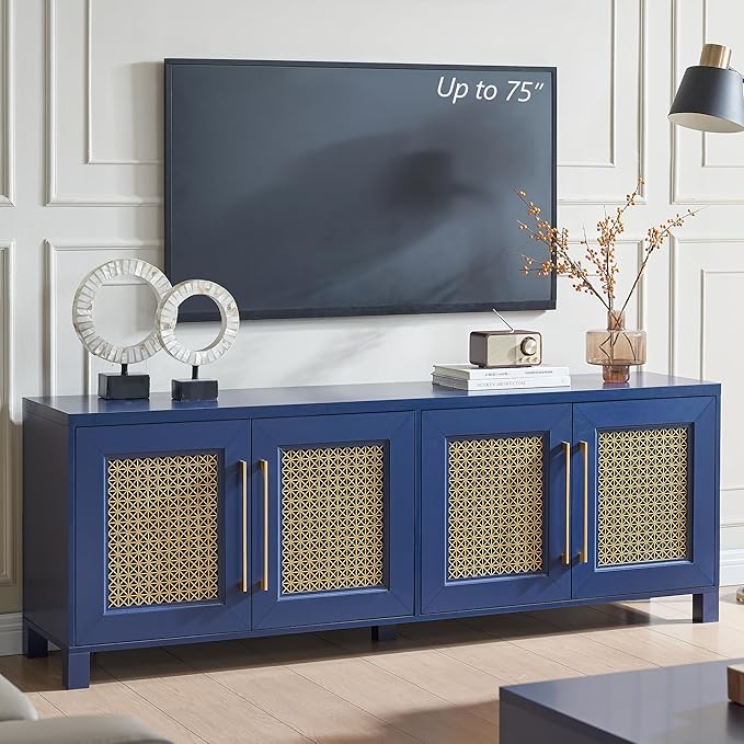 JYED Mid Century Modern TV Stand for TVs up to 75", 69.5" W Blue Entertainment Center with 4 Gold Metal Mesh Doors - Wood Grain MDF TV Console, Media Storage-Ruum Studio Home