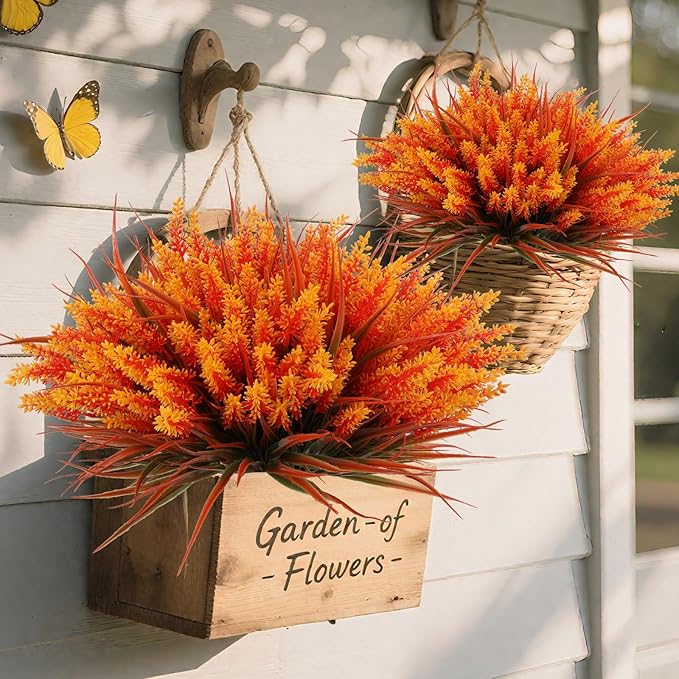 Geegoods 24 Bundles Artificial Fall Flowers Outdoor – Faux Lavender Flowers with Monkey Grass UV Resistant Plastic Faux Plants for Garden Porch Patio Home Decor, Autumn-Orange Color-Ruum Studio Home