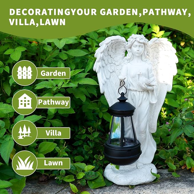 Solar Angel Garden Statue, Angel Figurine Outdoor Decor with Warm White Solar Lantern Garden Angel Figurine Outdoor Statue Waterproof Angel Sculpture Lawn Yard Art Patio Ornament Housewarming Gift-Ruum Studio Home