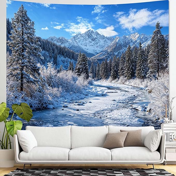 AMM Winter Forest Snow Mountain Tapestry Snowy Pine Tree Woodland Tapestry for Bedroom Aesthetic White Clouds Flowing River Landscape Tapestries Wall Hanging for Living Room Dorm Office 90 x 68 Inch-Ruum Studio Home