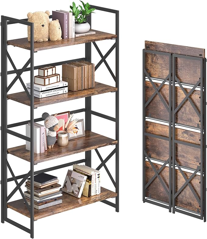 4NM 4 Tiers No Assembly Book Shelves, 41.3" H Folding Bookshelf Bookcase Open Industrial Foldable Shelves for Bedroom, Living Room, Home Office - Rustic Brown Black-Ruum Studio Home