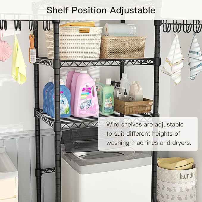 Ulif U8 Mini Laundry Room Storage Organizer, Over the Washer and Dryer Storage Shelves for Laundry Organization, 29.5”W x 17.3”D x 76.2”H, Suit Washing Machine Width within 27.1”, Hold 304 lb, Black-Ruum Studio Home