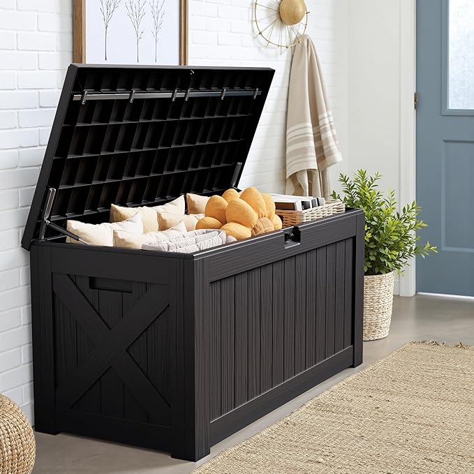 JUMMICO 120 Gallon Resin Deck Box, Large Outdoor Storage Box Waterproof & Lockable for Garden, Patio, Pools (Black)-Ruum Studio Home