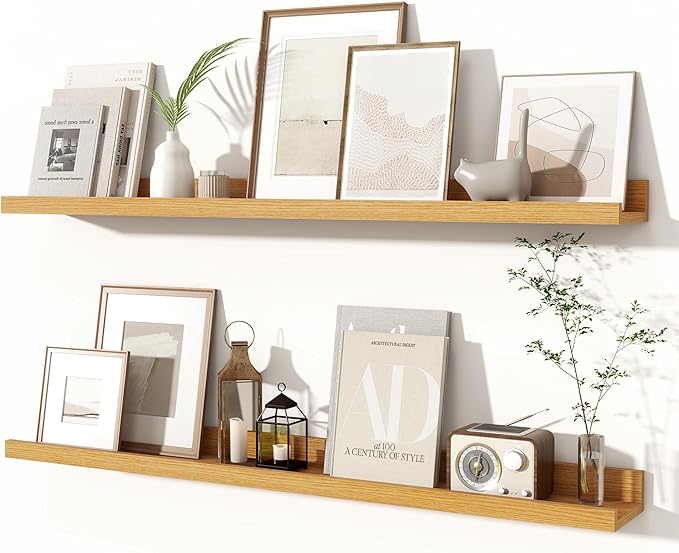 Fun Memories Picture Ledge Shelves Set of 2, 36 Inch Rustic Wall Mounted Floating Shelves with Lip for Home Storage and Décor in Bathroom, Kitchen, Nursery, Bedroom, Living Room, Oak-Ruum Studio Home