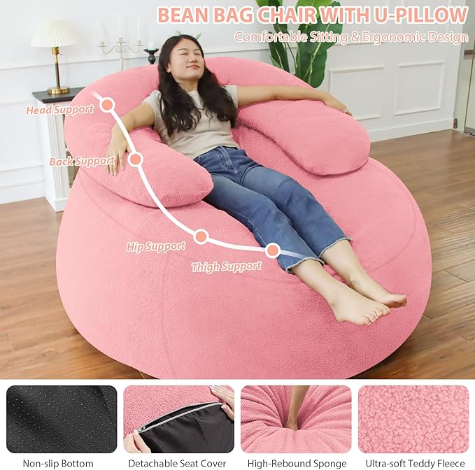 HABUTWAY Bean Bag Chair with U-Shaped Pillow for Adult and Kids Big BeanBag Chair with Filling Ultra Soft Teddy Fleece Couch Chair with Washable Cover for Living Room Bedroom, Light Pink & Light Pink-Ruum Studio Home