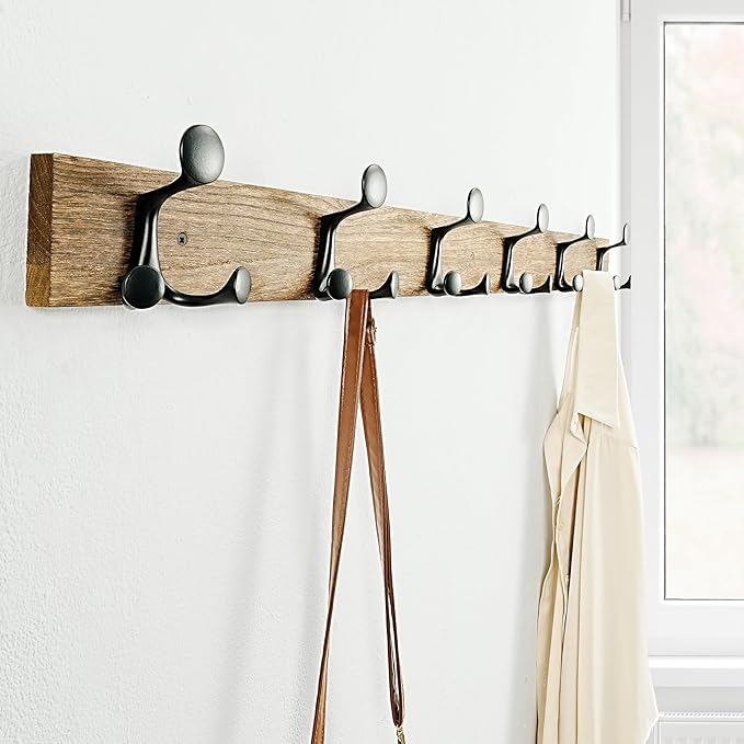 SKOLOO 39-Inch Wood Burnt Coat Rack Wall Mount with 6 Triple Hooks - Ideal for Family Entrances, Classrooms, and Pet Supplies Storage - Perfect Coat Hooks for Wall, Pack of 2-Ruum Studio Home