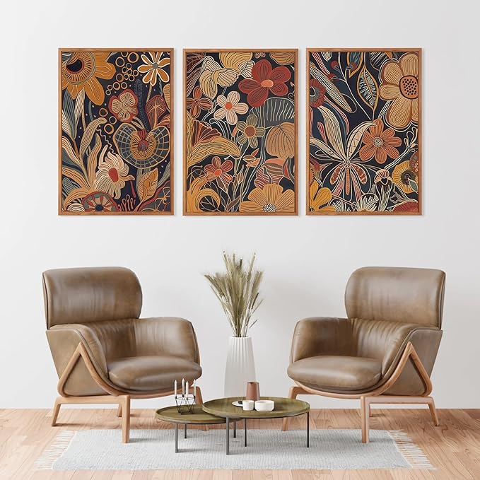 Aurlan Burnt Orange Wildflowers Botanical Wall Art Set(16"x24"), 3 Pieces Abstract Floral Blossom Framed Canvas Artwork, Large Mid Century Modern Boho Nature Wall Decor for Office Bedroom Living Room-Ruum Studio Home